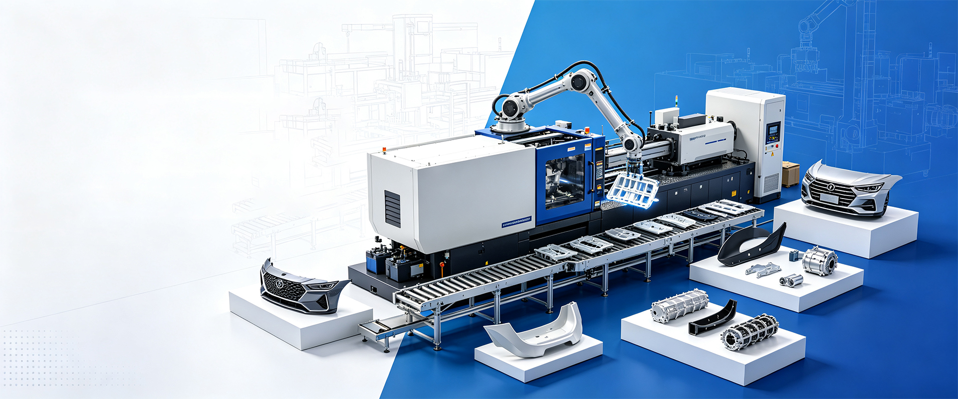 Bright blue and white plastic component manufacturing banner supplied for RT-Plasparts